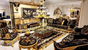 Juego de Sofás de Madera de Teca Sólida Royal, Lujoso Sofá de 7 Plazas Negro y Dorado con Tallados Italianos Barrocos, Mesa de Centro para Sala de Estar - Product Image 5