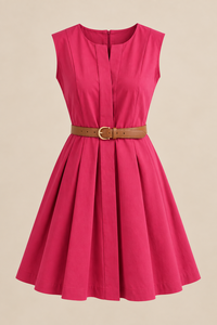 Pink Sleeveless Fit Flare <b>Maxi</b> Belt Fitted Waist <b>Pleated</b> <b>Skirt</b> Casual Daily Wear Spring Style Solid Color Woven Fabric 100% - Product Image 1