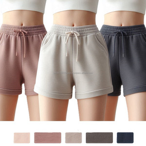 Pantalones cortos informales lisos de algodón de punto para mujer, cintura media, ajuste con cordón acanalado, elástico, colores personalizados, logotipo al por mayor - Product Image 2