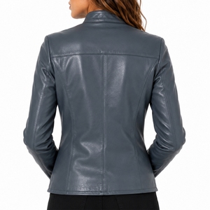 Chaqueta de Cuero para Mujer, Estilo Moderno, Corte Ajustado, Casual, Cómoda, Cuello Alto, Manga Larga, Cierre de Cremallera Frontal, Chaqueta con Estampado de Logotipo - Product Image 2