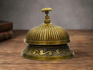 Campana de escritorio redonda de latón pulido marrón dorado hecha a mano, campana de servicio vintage para recepción de hotel - Product Image 2