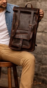 Vintage Tan Leather <b>Roll</b> Top Bag Authentic Handmade Rucksack For E-commerce Sellers Padded Strap Leather LTBP-0230 - Product Image 2
