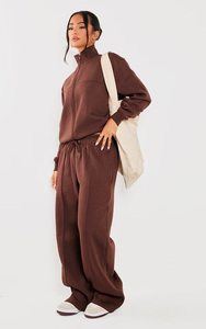 Women <b>Brown</b> Tracksuit Set Full Length Pants With Drawstring Loose Fit Casual Wear 100% Cotton Half-Zip Sweatshirt Solid Color - Product Image 2