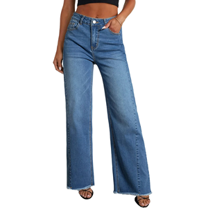 Pantalon en jean taille haute pour femme, coupe slim, jambes larges, design personnalisé, effet délavé, grande taille, qualité supérieure - Product Image 1