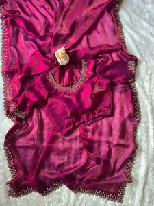 Wholesale Luxury <b>Wine</b> Purple Organza Saree Fine Embroidery Border Indian Pakistani Wedding Party Wear Sari Elegant Silk Blouse - Product Image 6