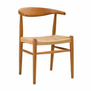 Chaise de salle à manger scandinave moderne, écologique, imperméable, en teck massif, avec assise en corde de papier et dossier incurvé enveloppant - Product Image 1