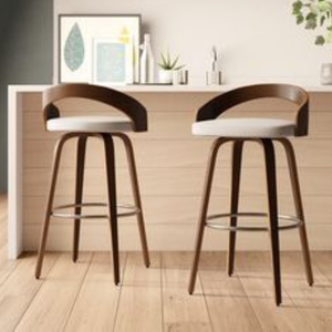 Modern Solid Teak Wood Swivel Bar <b>Stool</b> with Curved Backrest and Comfortable Upholstered Cushion Seat. - Product Image 1
