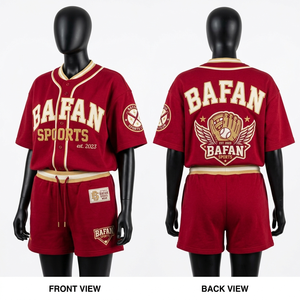 Premium 300 GSM cotton fleece baseball jersey and shorts set <b>red</b> cream embroidered applique custom logo Women Baseball Jersey - Product Image 1