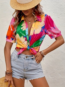 Blusa Casual de Verano 2026 para Mujer, con Estampado Floral Tropical, Manga Abullonada y Botones, Venta al Por Mayor - Product Image 1