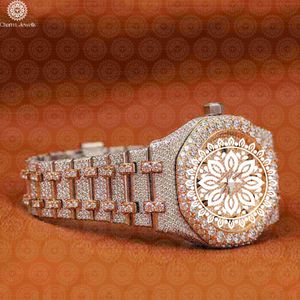 Montre de luxe pour homme en acier inoxydable Charm Jewells, boîtier incrusté de diamants en or rose, mouvement mécanique analogique, cadran de 40 mm, bouton poussoir - Product Image 2