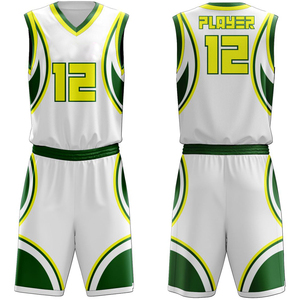Ensemble d'uniformes de basket-ball personnalisés, blanc, vert, jaune, impression par sublimation, polyester respirant, maillot d'équipe unisexe pour adultes avec numéro 12 - Product Image 1