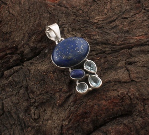 Collier vintage unisexe rétro en argent sterling 925 plaqué platine avec sertissage en lapis-lazuli naturel - Product Image 3