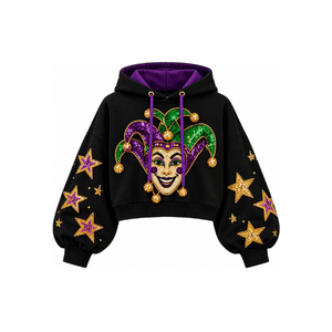 Elegante Sudadera Corta Transpirable para Mujer con Lentejuelas Lavanda, Cuello Redondo con Letras de Mardi Gras y Mangas Abullonadas - Product Image 4