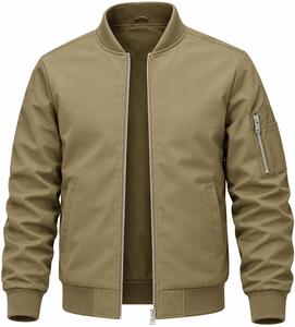 <b>Mens</b> <b>Khaki</b> Spring Casual Solid Windproof Bomber Jacket Lightweight Zipper Closure with Stand Collar Utility Sleeve Pocket - Product Image 1