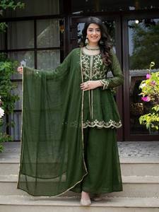 Ensemble Salwar Kameez en Chiffon Brodé Vert pour Femme, Haut Long Traditionnel Indien, Séchage Rapide, Longueur Genou, Tenue de Soirée - Product Image 4
