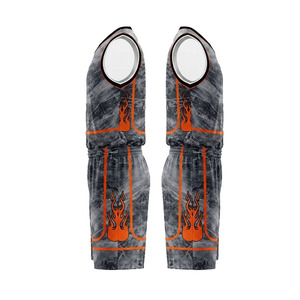 Uniforme de Baloncesto Sublimado Personalizado, Sin Mangas, Cuello en V, Gris con Estampado de Llamas Naranjas, Unisex para Adultos, Absorbe la Humedad - Product Image 2