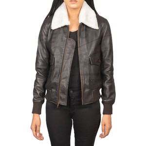 Chaqueta Bomber de Cuero Genuino Marrón Oscuro para Mujer, con Cuello de Piel Sintética Blanca, Corte Ajustado, Piel de Oveja Premium, Abrigo de Invierno Estilo Piloto - Product Image 1