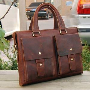 Bolsos y estuches para portátiles de cuero de color marrón, forma rectangular, con asas, ligeros, precio asequible, bolsos de oficina de cuero genuino. - Product Image 4
