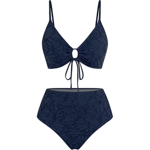 Conjunto de bikini de dos piezas para mujer con bloques de color, atado frontal, cintura alta y tela texturizada - Product Image 2