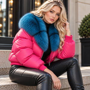 Chaqueta de plumón para mujer de cuero genuino a cuadros con cremallera y cuello de piel de zorro azul, fina, 85% plumón, cortavientos, estilo urbano, ropa de abrigo de invierno - Product Image 4