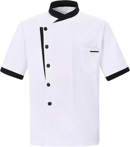เสื้อเชฟแขนสั้นแบบยูนิเซ็กซ์ พิมพ์ลายสกรีนสีขาวขอบดำ ปิดด้วยกระดุม สำหรับร้านอาหาร บาร์ ทำจากผ้าฝ้ายป๊อปลิน - Product Image 1