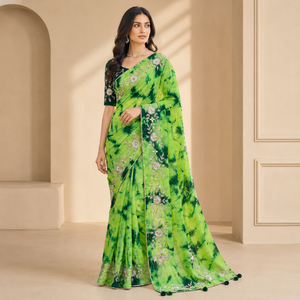 Sari en soie Upada vert tie-dye vintage, longueur ras du sol, infroissable, protection solaire, broderie miroir, pour femme, tenue de soirée indienne - Product Image 1