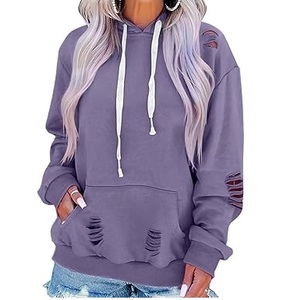Distress Plus Size <b>Thick</b> <b>Fleece</b> Sweatshirts Purple Color Washed Vintage Breathable Hoodies For Girls Knitted Drawstring Distress - Product Image 1