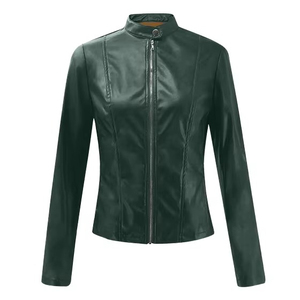 <b>Women's</b> Burgundy <b>Leather</b> Moto <b>Jacket</b> Full Sleeve Zipper Closure Turn-down Collar Short Length Biker Style Outerwear - Product Image 4
