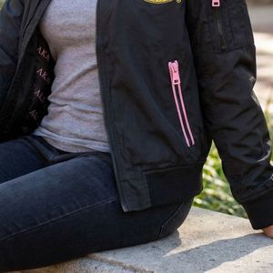 Black Women Bomber <b>Jacket</b> with Green and Gold Embroidered Crest Full Zip Long Sleeve Casual Lightweight Fashion Outerwear Wear - Product Image 2