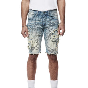 Shorts en jean décontractés pour hommes, taille haute, effet vieilli, de qualité supérieure, avec logo personnalisé, en tissu respirant et écologique, vente en gros - Product Image 1