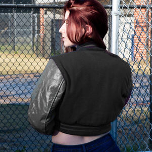 Chaqueta Corta Estilo Universitaria para Mujer, Color Azul Marino y Gris, Estilo Bomber, Mangas de Cuero Sintético, Ropa Exterior Informal, Moda Femenina - Product Image 5