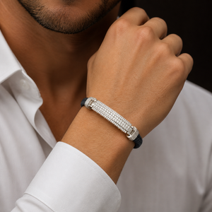 925 Sterling <b>Silver</b> Cubic Zirconia Bracelet High Polish Braided Leather Cord Modern <b>Mens</b> Unisex <b>Bangle</b> for Wedding Party Daily - Product Image 4
