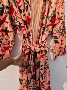 Peach Bird Print Velvet Kimono <b>Robes</b> Handmade Cotton Velvet <b>Robe</b> Morning Tea <b>Coat</b> - Product Image 2