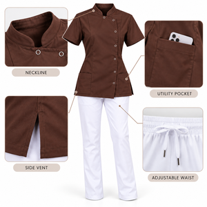 Conjunto de Uniforme Médico Unisex de Manga Corta en Algodón y Poliéster Tejido, Color Marrón, Cuello Alto con Broches y Pantalones Blancos, Uniforme de Hospital - Product Image 6