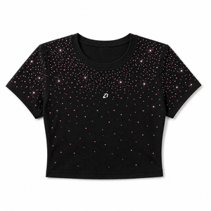 Camiseta Corta Negra de Manga Corta para Mujer, Estilo Baby Tee, Ajustada, con Estampado Personalizado de Diseño Estrellado, de Algodón y Spandex, Blusa Urbana para Vendedoras - Product Image 3