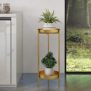 Porte-plantes rond en métal doré à 2 niveaux Grand meuble de salon d'intérieur avec porte-pot élégant - Product Image 3