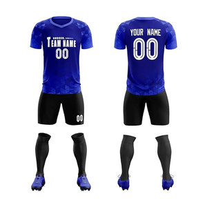 Custom Soccer Jersey Set Men's Blue Geometric Print V-Neck Short Sleeve Moisture Wicking Uniform with Black Shorts and <b>Socks</b> - Product Image 1
