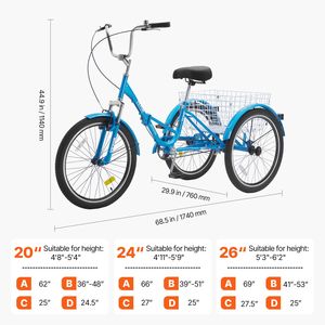 Triciclo Pieghevole per Adulti in Acciaio al Carbonio da 24 Pollici con Cesto Grande e Sedile Regolabile, Bici a 3 Ruote Cruiser - Product Image 2