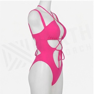 Maillot de bain une pièce rose avec encolure croisée et design ajouré pour femme - Product Image 3