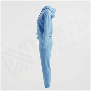 Conjunto Deportivo para Mujer, Sudadera con Capucha Azul Claro y Pantalones Jogger, Color Sólido, Manga Larga, Cordón Ajustable, 100% Algodón, Peso Medio - Product Image 3