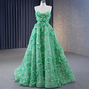Jancember 231067 Princess Spaghetti Strap Green Appliqued Flower Evening Party Gowns