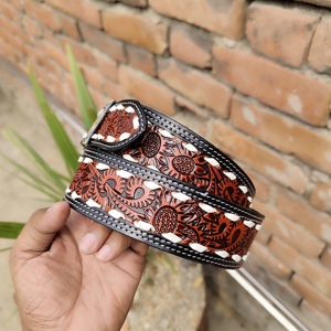 Nuevo cinturón de vaquero tallado a mano completo de estilo occidental Vaquero Cinto con hebilla antigua de latón blanco Fabricante Mayorista - Product Image 4