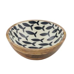 Bol à salade en bois de manguier émaillé, motif floral, fait main, design citron sous émail, fond bleu, pour fêtes - Product Image 3