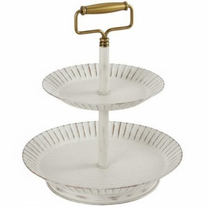 Support à gâteau rond en métal vieilli à 2 niveaux blanc avec poignée dorée, plateau de présentation pour cupcakes, style vintage shabby chic en fer pour desserts - Product Image 1