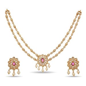Gold Plated Zinc Alloy <b>Necklace</b> Earring Headpiece <b>Set</b> Pink Zircon Flower Design Imitation <b>Pearls</b> Women's Wedding Jewelry Classic - Product Image 1