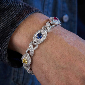 AMBER JEWELS T-94 Luxury 18K Solid Gold Chain <b>Bracelet</b> Sapphire Ruby Yellow <b>Gem</b> Pave Setting Geometric Link Hip Hop Unisex - Product Image 1