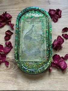 Bandeja Ovalada Verde Azul Dorado, Tarot del Mago, Brillantina Iridiscente, Resina Hecha a Mano, Decoración para el Hogar - Product Image 5