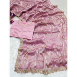 Saree chinois traditionnel fantaisie avec codage de broderie multi-bandes et travail de paillettes - Product Image 5