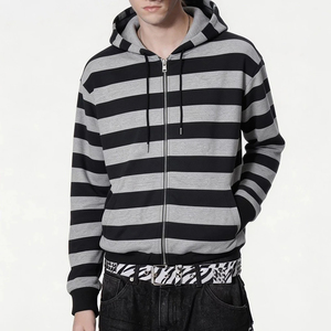 Sweat-shirt à capuche unisexe rayé à fermeture éclair noir et gris à manches longues décontracté - Product Image 6