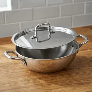 Stainless Steel Kadai Deep Cooking <b>Pan</b> with <b>Lid</b> Heavy Duty Indian Wok <b>Frying</b> Saute <b>Pan</b> for Kitchen Cooking - Product Image 5